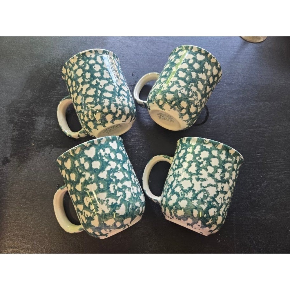 Folk‎ Craft Sponge Green Spongeware Coffee Mugs Set of 4 Tien Jhan Stoneware